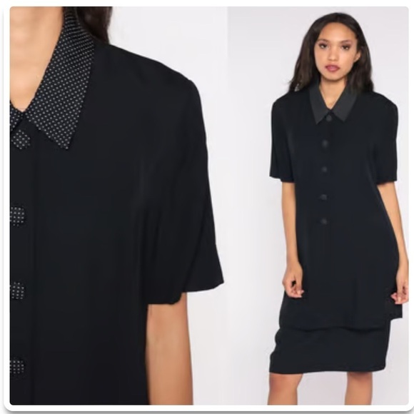 Vintage 80’s Black Pointed Collar Black White Polka Dot Collar Jacket Dress Med - Picture 15 of 15